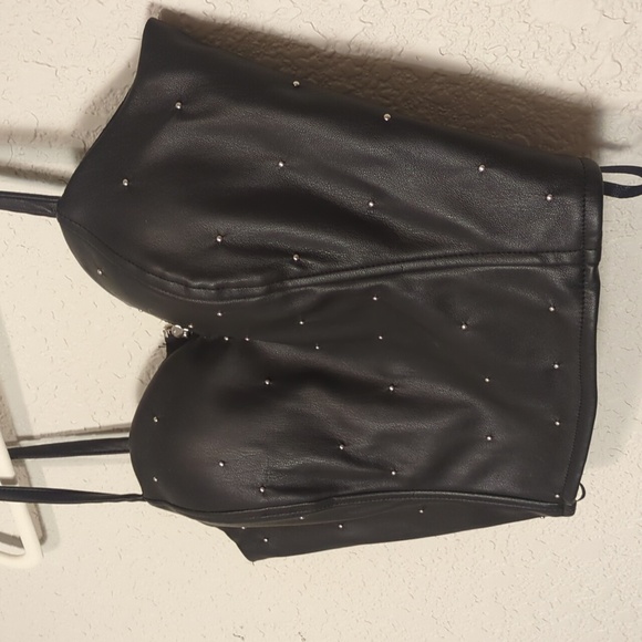 Say what? black faux leather sweetheart neckline rhinestone studded crop top - Picture 2 of 7